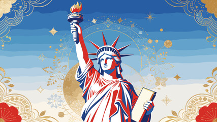 The Statue of Liberty, a symbol of freedom and democracy, stands tall against a backdrop of patriotic colors and decorative elements. © Pitu