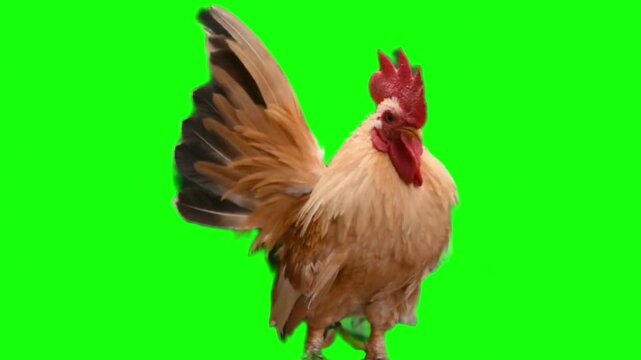 Rooster flapping wings on a green screen background chroma key