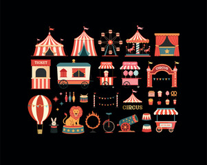 Retro amusement park and circus carnival icons collection on black background © Lola