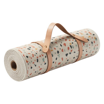Rolled terrazzo pattern yoga mat with leather carrying strap isolated on transparent background