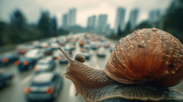 Giant snail overlooking highway traffic jam with city skyline, slow speed concept.