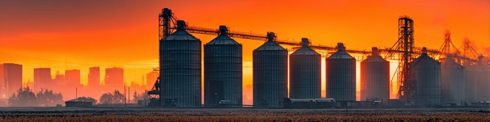 Obraz premium Silhouettes of grain silos against orange sky at sunset in an industrial area