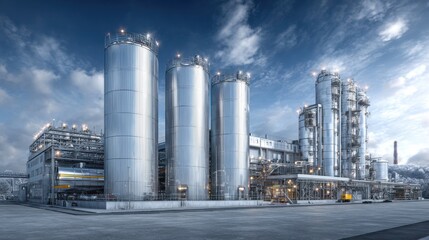 Obraz premium Large industrial site with silver silos and complex structure during evening light near a city