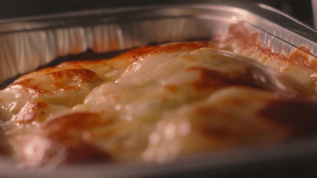 Rotating Shot Around Gratin Dauphinoise Potatoes Baking in Oven. Perfect for culinary documentaries, luxury food brands, or restaurant promos.