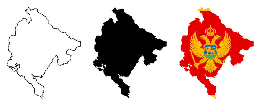Montenegro Map with National Flag, Country Outline, and Territorial Border Silhouettes