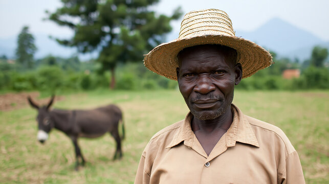Rural portrait older man black man straw hat countryside field donkey farm