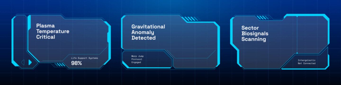 Cyberpunk HUD game UI interface frame template. Blue futuristic digital screen border panel design vector. High tech control system target display background graphic.