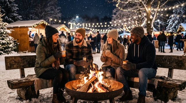 Friends enjoy hot drinks by campfire at winter market