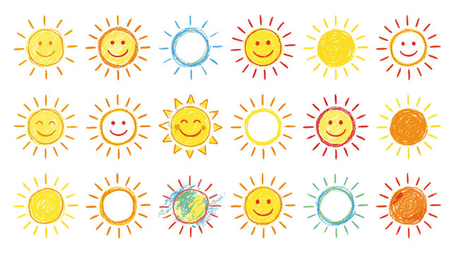 Crayon drawn sun icon set with smiling childlike doodles