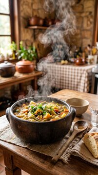 Steaming hot vegetable soup in rustic bowl on wooden table