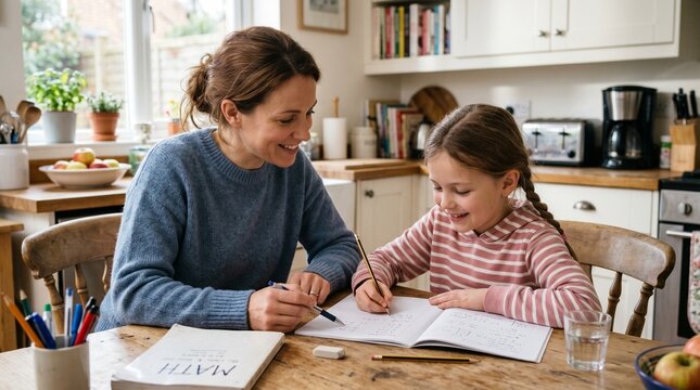 Mother helping daughter with math homework at kitchen table