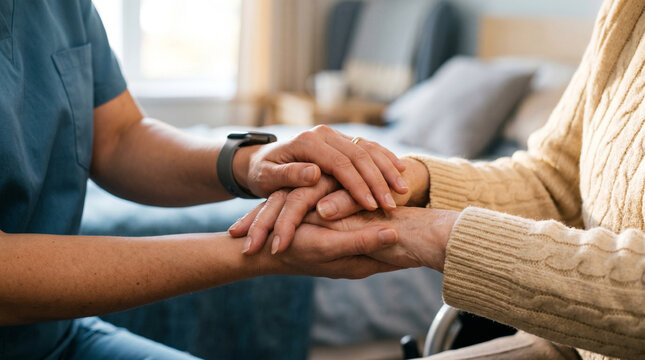 Closeup of a healthcare worker holding the hands of an elderly patient in a comforting gesture