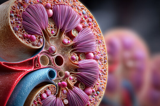Detaillierte mikroskopische Darstellung von Filtersystem des Nierennephrons