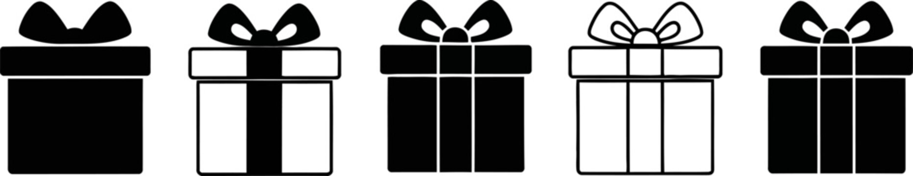 Row of black and white gift box icons for diverse occasions with silhouette illustration birthday surprise