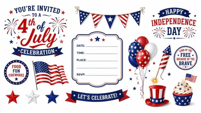 4th of July celebration invitation elements, patriotic American Independence Day party graphics, red white and blue holiday design set