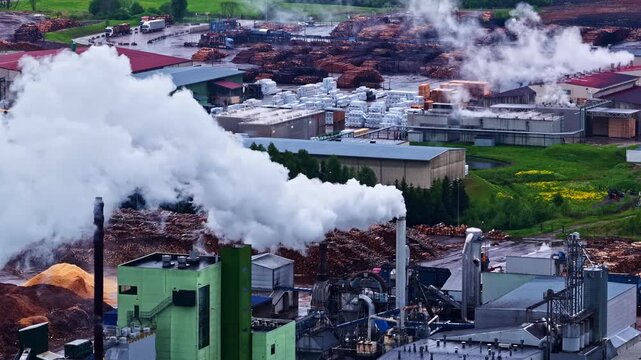 Thick white smoke rises from chimneys at the Stora Enso sawmill in a bustling industrial area. Suitable for environmental impact studies or industrial process documentation.