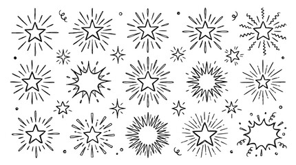 Obraz premium Hand drawn sunburst and sparkle star doodle set