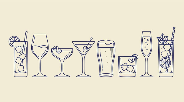 Set of various alcoholic cocktails and drinks in different glasses collection of bar menu beverages, vector illustration in line art style