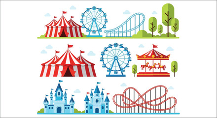 Amusement park Illustration With Ferris Wheel Roller Coaster And Castle Elements © mdaburaihan
