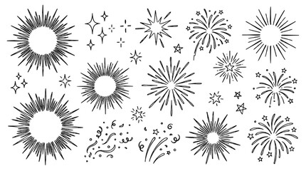 Obraz premium Hand drawn sunburst sparkle and fireworks doodle set