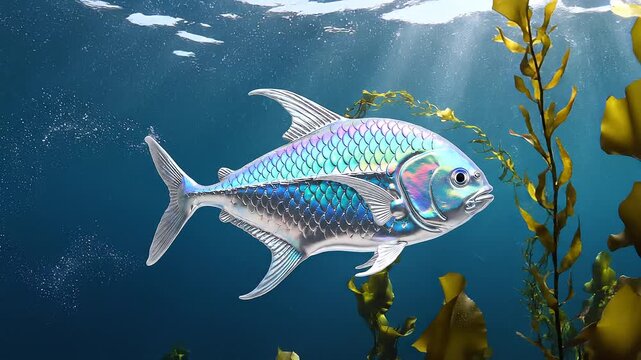 Pisces Zodiac Sign Sleek Silver Fish with Iridescent Scales Swimming Gracefully Through Deep Blue Ocean Underwater with Kelp and Light Rays Cinematic 3D Render Astrology Horoscope Concept Animation Vi