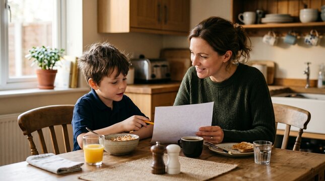 Mother and son doing homework at kitchen table during breakfast