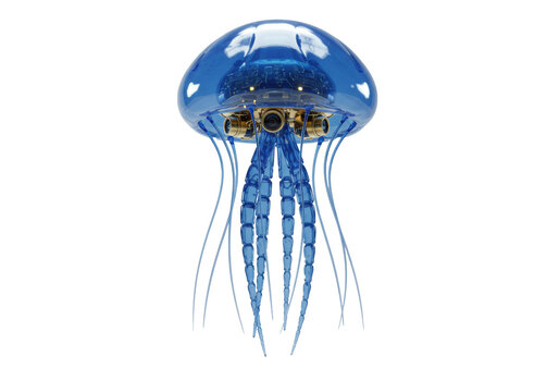 Futuristic jellyfish-like surveillance drone with a blue polymer body and gold micro-circuitry isolated on a white background. Advanced surveillance concept