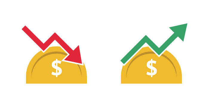 Market Trends: Up and Down. A visual representation of financial market fluctuations, showing a gold coin with a downward trending red arrow indicating a decline.