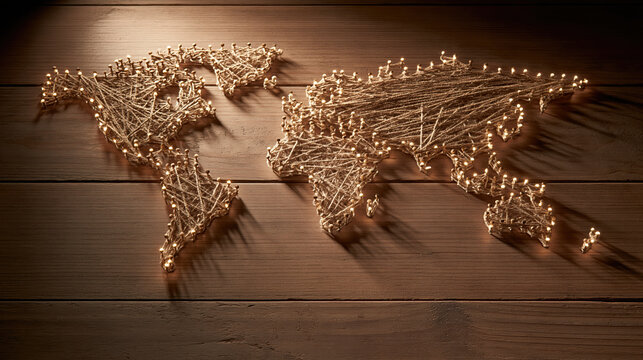 World map made of pin and string on wooden background, glowing abstract global network concept