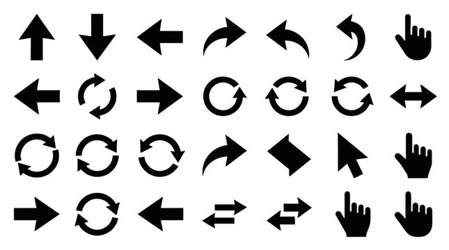 Black arrow and cursor icon set on white background
