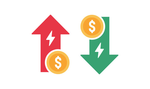 Up and Down Arrow Icons with Dollar Coins. A graphic illustration representing financial trends, with a red upward arrow and a green downward arrow, each adorned with a dollar coin.