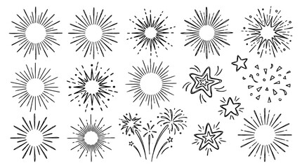 Obraz premium Hand drawn sunburst and sparkle doodle set in black outline