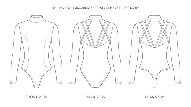 Technical drawing of a longsleeved leotard with a mock neck, front panel seams, and a strappy open back design