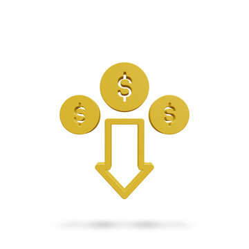 Financial decrease concept illustrated as a golden 3d float icon with coins and a downward arrow