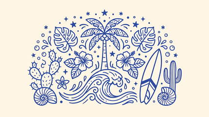 Naklejka premium Handdrawn vector illustration of tropical and desert elements stylized blue line art design featuring a palm tree, ocean wave, surfboard, hibiscus flowers, monstera leaves, cacti, and seashells