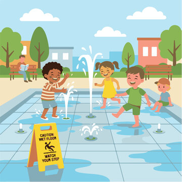 Children playing in a splash pad.