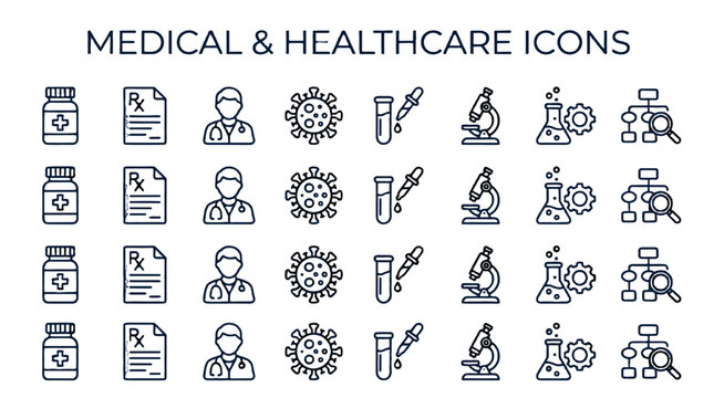 Medical and healthcare line icons set with medicine and lab symbols
