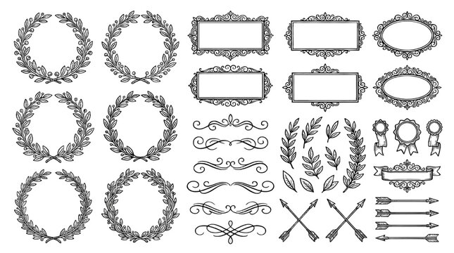 Set of decorative wreaths, ornate frames and calligraphic swirls
