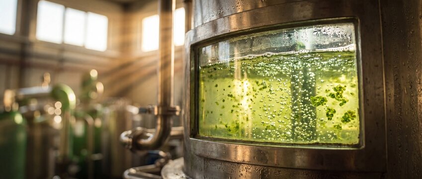 Algae bioreactor biofuel production tank cultivating green microalgae culture inside industrial laboratory glass viewport container for sustainable renewable energy research technology concept designs
