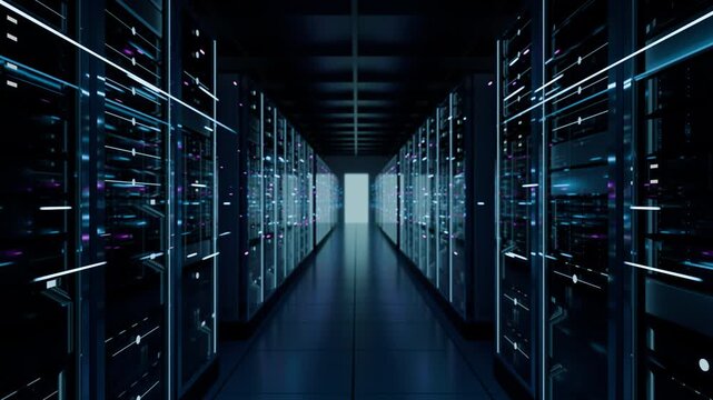 Computer server room in data center center corridor, representing cloud computing network infrastructure, big data storage hosting, cyber security mainframes server equipment