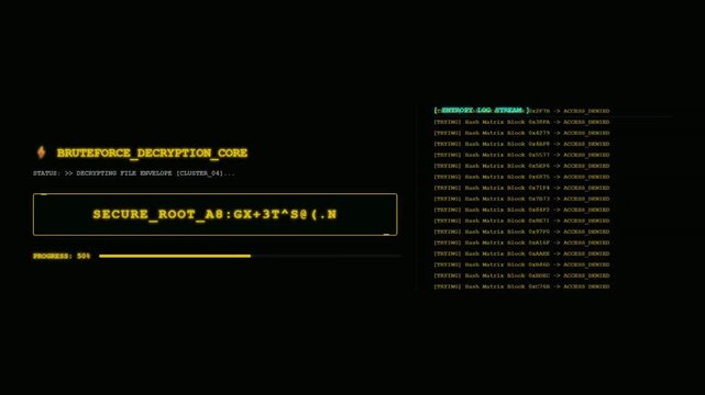 Brute force Decryption Core Secure Root Access Granted Hacking Terminal Animation Cybersecurity Crack Unlocked.