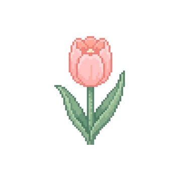 Single pink tulip flower rendered in a charming vintage eight bit pixel art style on white background