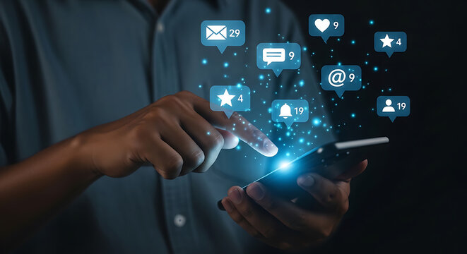 Social media notification icons with a hand interacting with a smartphone digital blue glow notifications icon communication network