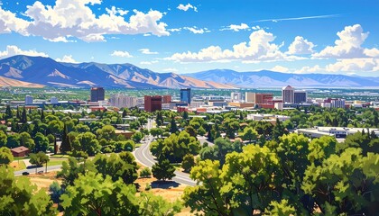Fototapeta premium Scenic vista featuring a cityscape nestled amidst lush greenery and distant mountains under a bright, sunny sky