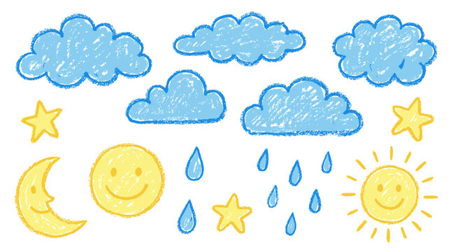 Childlike crayon weather doodles with clouds sun moon and raindrops
