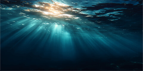Sun Rays Shining Through Deep Blue Ocean Water in a Beautiful Underwater World Scene © Bepari