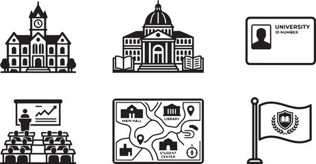 Naklejka premium University Campus Infrastructure and Student Life Icon Set.