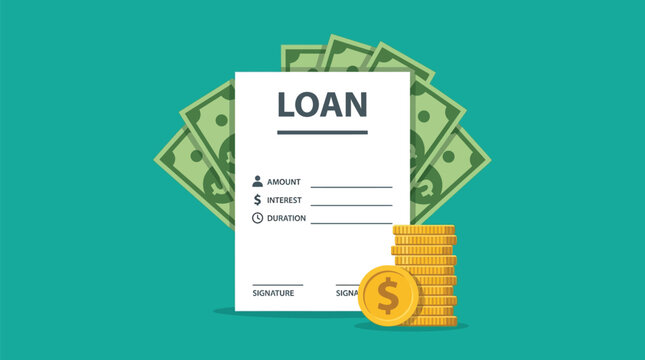 Loan document rests on a teal background with a stack of gold coins and green paper money to signify personal credit approval and debt finance.