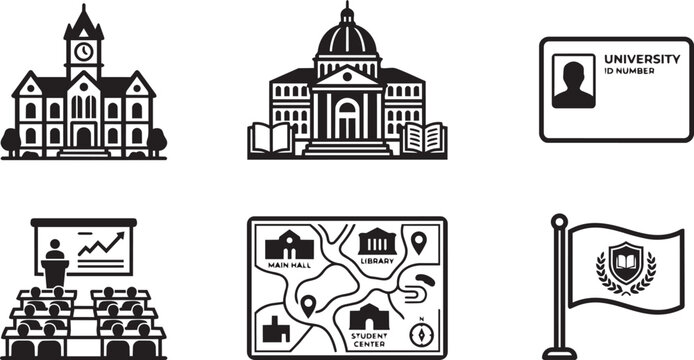 University Campus Infrastructure and Student Life Icon Set.