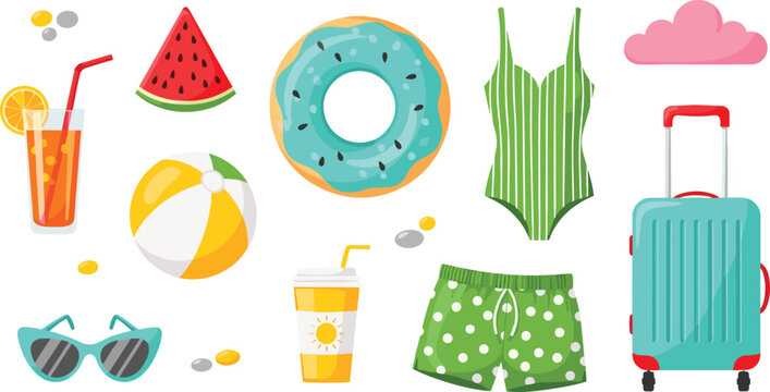 Summer Vacation Essentials Collection Set Featuring Swimwear Luggage Donut Beach Ball Watermelon and Travel Holiday Accessories